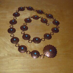 Vintage Copper Metal  Concho Western Southwestern Link Faux Turquoise Belt